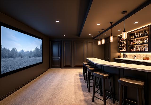 A finished basement with a wet bar and home theater.