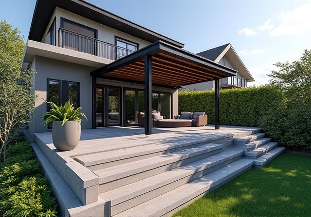 A stunning multi-level composite deck with a modern pergola.