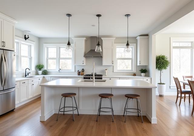 A bright and airy kitchen with white cabinets and a large island after renovation.
