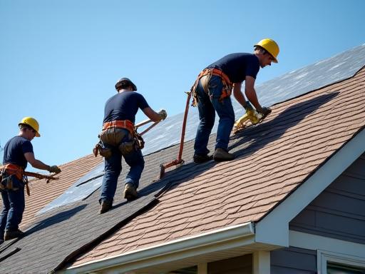 A team of roofers installing new shingles on a residential house.